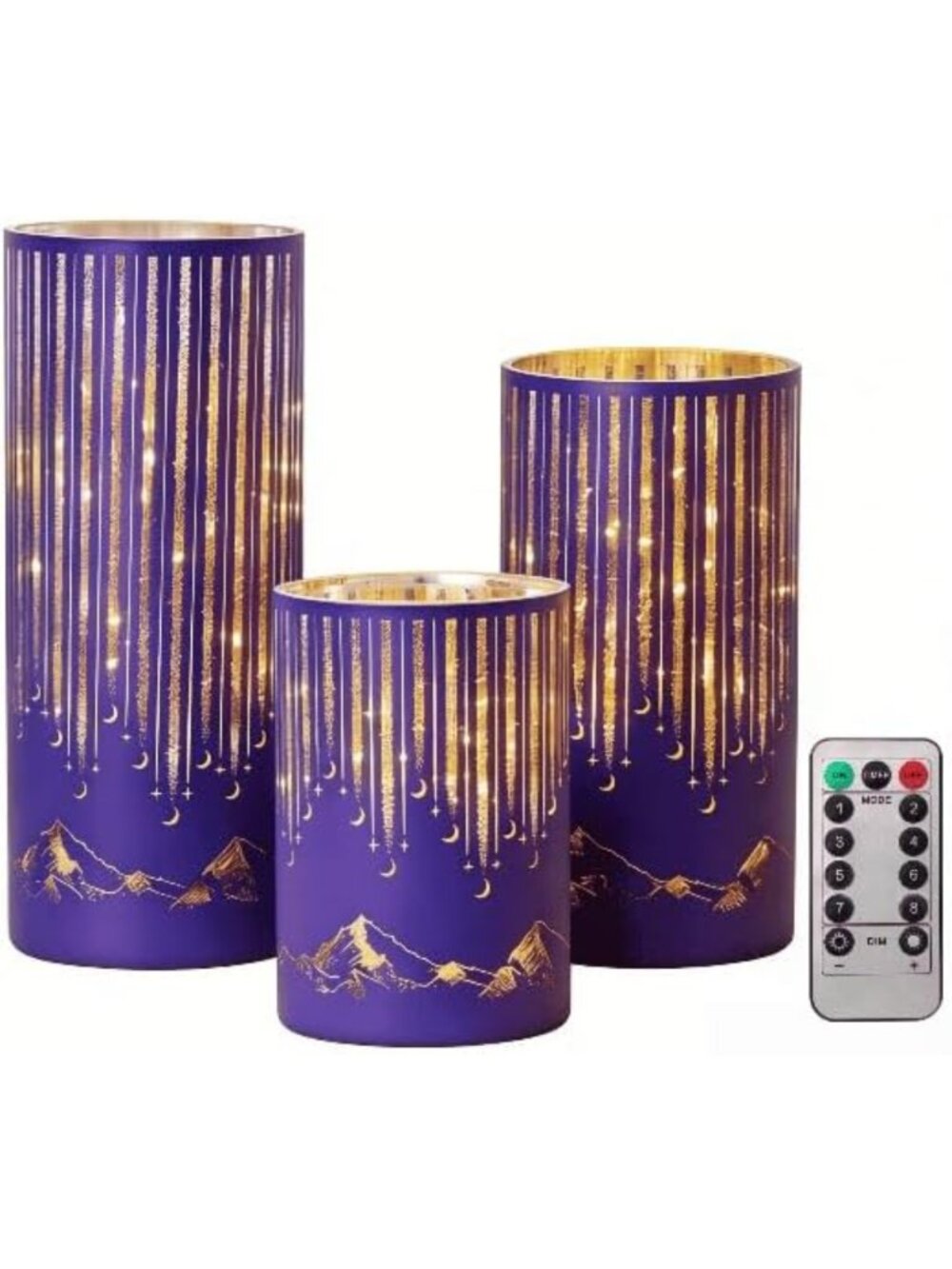 Set of 3 Purple Starry Night Candle Holders with Remote & Timer - LED Decor for